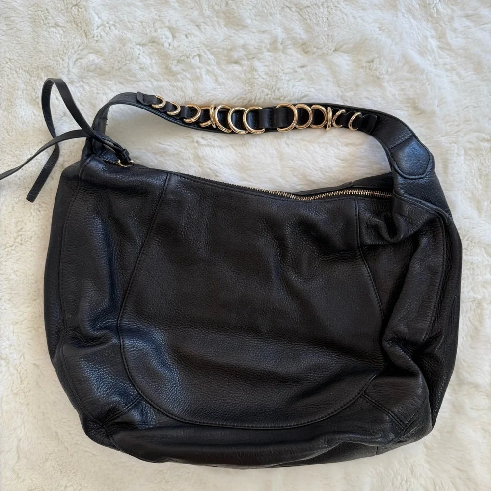 VINCE CAMUTO Cayle Pebble Leather Gold Ring Hobo Bag Black